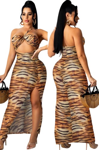 Sexy Tiger Print One Shoulder Cut Out Slit Halter Long Dress