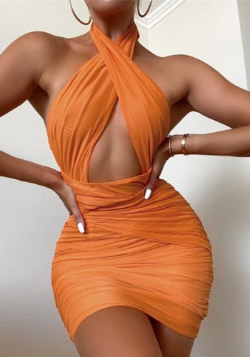 Orange Sexy Cross Halter Slim Fit Short Dress