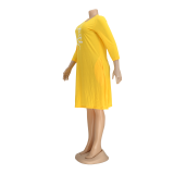 Print Yellow O-Neck Pocket Long Sleeve Midi Dress