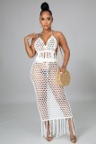 White Fishnet Fringe Backless Crop Top and Long Skirt Two Piece Set