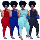 Plus Size Blue Sleeveless Crop Top and Elasticated Pants Two Pieces