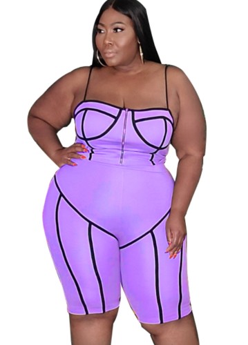 Plus Size Purple Zipper Cami Slim Fit Rompers