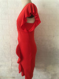 Red Ruffle V-Neck Office Dress