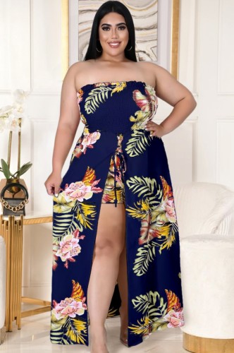 Plus Size Elasticated Straless Rompers Slit Maxi Dress