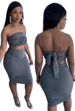 Grey Sexy Strapless Knotted Crop Top and Midi Skirt Two Piece Set