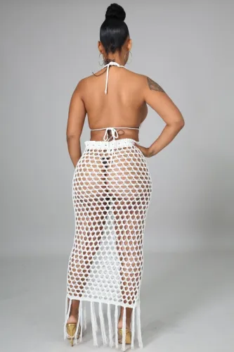 White Fishnet Fringe Backless Crop Top and Long Skirt Two Piece Set