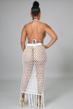 White Fishnet Fringe Backless Crop Top and Long Skirt Two Piece Set