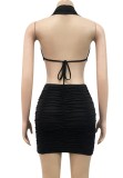Sexy Black Cut Out Ruched Halter Backless Dress