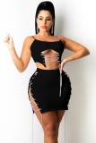 Black Chains Sexy Cami  Crop Top and Zipper Skirt Two Piece Set