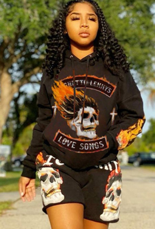 Print Hoody Shorts 2PC Set Sweat Suit