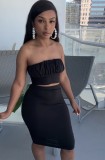 Black Sexy Strapless Knotted Crop Top and Midi Skirt Two Piece Set