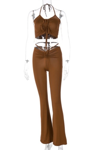 Brown Scrunch Halter Crop Top and Bell Trousers Two Pieces