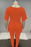 Plus Size Orange O-Neck 3/4 Sleeves Jumpsuit