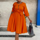 African Orange High Waist Fit and Flare Dress