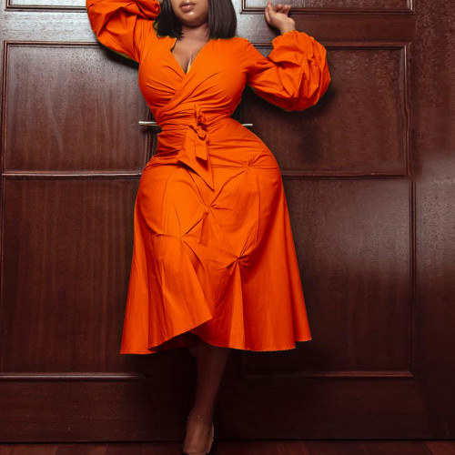 African Orange High Waist Puff Sleeve A Line Dress