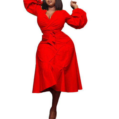 African Red High Waist Puff Sleeve A Line Dress