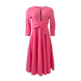 African Pink 3/4 Sleeve Zipper Fit and Flare Dress