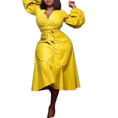 African Yellow High Waist Puff Sleeve A Line Dress