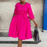 African Pink 3/4 Sleeve Zipper Fit and Flare Dress