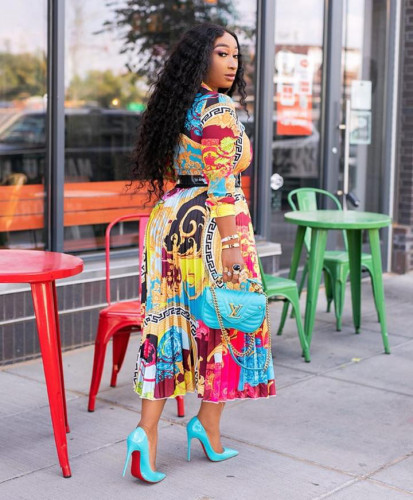 African Print Tie Neck Pleated Dress