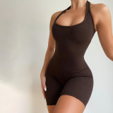 Sports Brown Ribbed Sleeveless Bodycon Tank Top Rompers