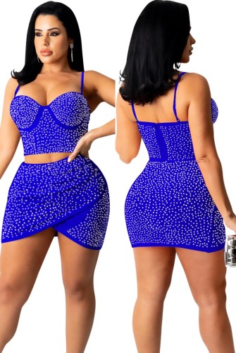 Sexy Blue Rhinestone Cami Crop Top and Ruched Skirt 2PCS Set