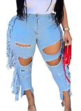 Plus Size Light Blue Stylish Damaged Fringe Jeans