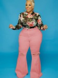 Pink High Waisted Ripped Plus Size Flare Jeans