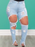 Plus Size Light Blue High Waisted Tight Ripped Jeans