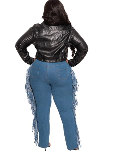 Plus Size Medium Blue Stylish Damaged Fringe Jeans