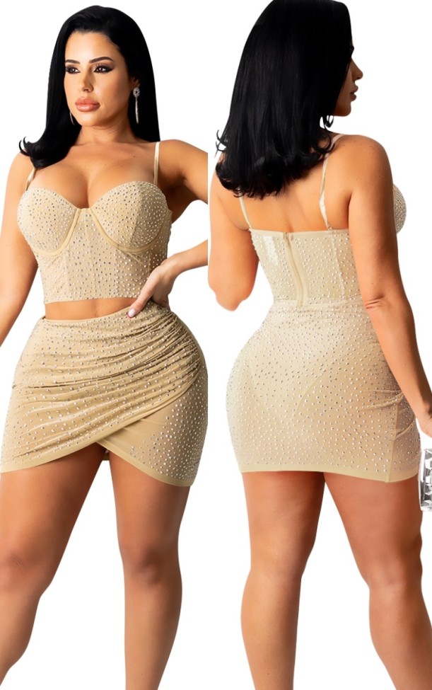 Sexy Khaki Rhinestone Cami Crop Top and Ruched Skirt 2PCS Set