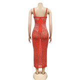 Sexy Red Rhinestone Double Straps Bodyon Midi Dress