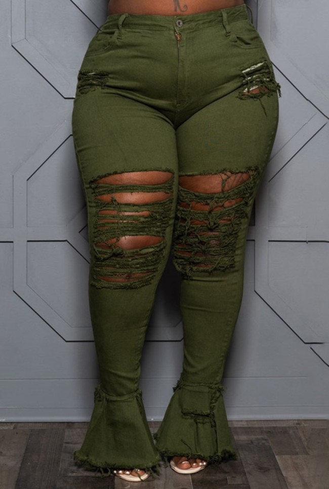 Plus Size Army Green Ripped High Waisted Flare Jeans