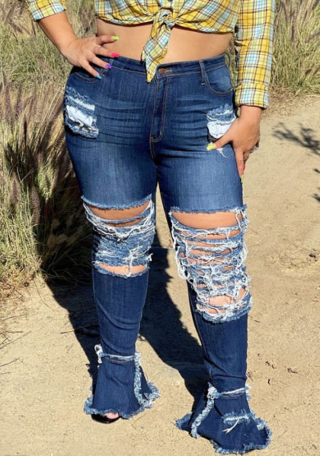 Plus Size Blue Ripped High Waisted Flare Jeans