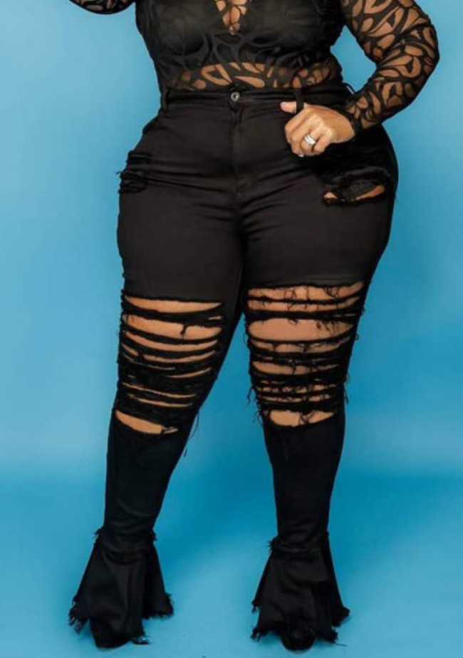 Plus Size Black Ripped High Waisted Flare Jeans