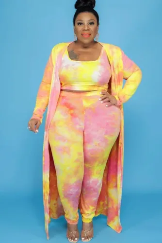 Plus Size Tie Dye Crop Tank and Pants with Long Cardigan 3PCS Set