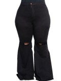 Black High Waisted Ripped Plus Size Bell Bottom Jeans