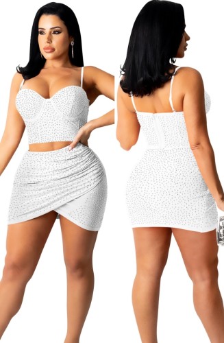 Sexy White Rhinestone Cami Crop Top and Ruched Skirt 2PCS Set