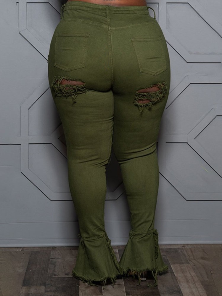 Plus Size Army Green Ripped High Waisted Flare Jeans US 11.84 www