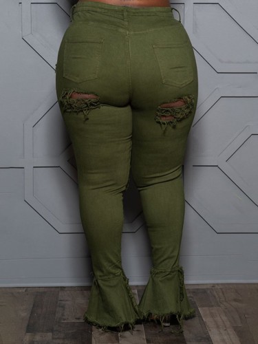 Plus Size Army Green Ripped High Waisted Flare Jeans