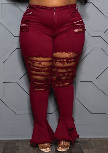 Plus Size Burgunry Ripped High Waisted Flare Jeans
