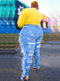 Plus Size Light Blue Ripped Holes Fringe High Waisted Jeans