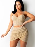 Sexy Khaki Rhinestone Cami Crop Top and Ruched Skirt 2PCS Set