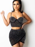 Sexy Black Rhinestone Cami Crop Top and Ruched Skirt 2PCS Set