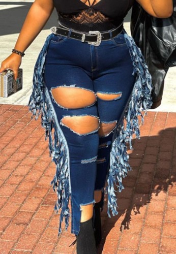 Plus Size Dark Blue Stylish Damaged Fringe Jeans