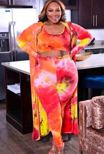 Plus Size Tie Dye Crop Tank and Pants with Long Cardigan 3PCS Set