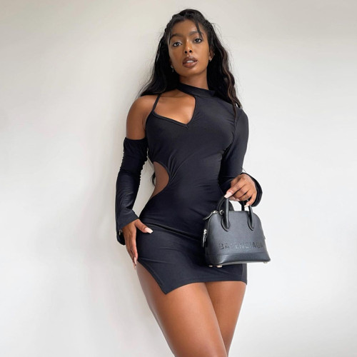 Black Sexy Cut Out Irregular Mini Club Dress