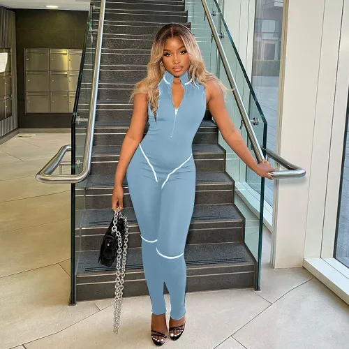 Blue Sexy Sports Sleeveless Zip Up Tight Jumpsuit