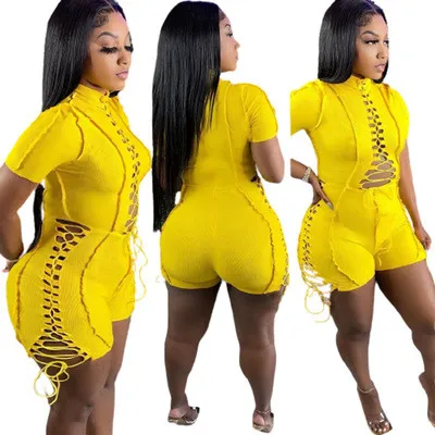 Plus Size Yellow Hollow Out Lace Up Short Sleeve Bodycon Rompers