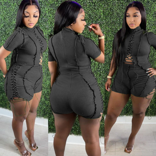 Plus Size Green Hollow Out Lace Up Short Sleeve Bodycon Rompers